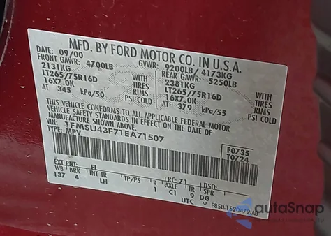 2001 Ford Excursion Limited from USA, damaged, VIN 1FMSU43F71EA71507